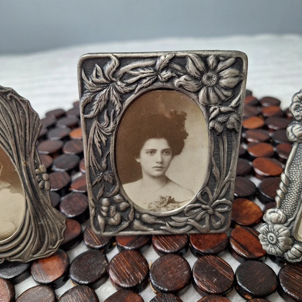 Victorian Ornate Miniature Pewter Style Picture Frame Set of 3 Easel Back Vanity
